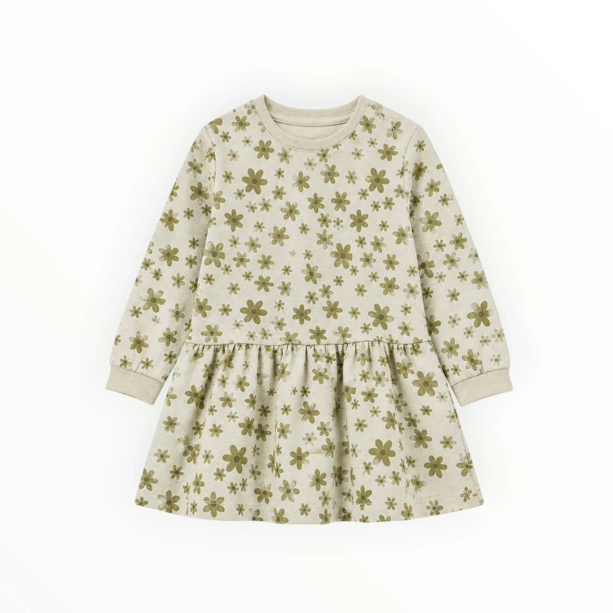 Pierrot Outlet jurk met lange mouwen in beige met olijfgroene bloemenprint en handige drukknoopjes bij de hals.