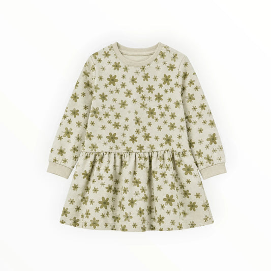 Pierrot Outlet jurk met lange mouwen in beige met olijfgroene bloemenprint en handige drukknoopjes bij de hals.