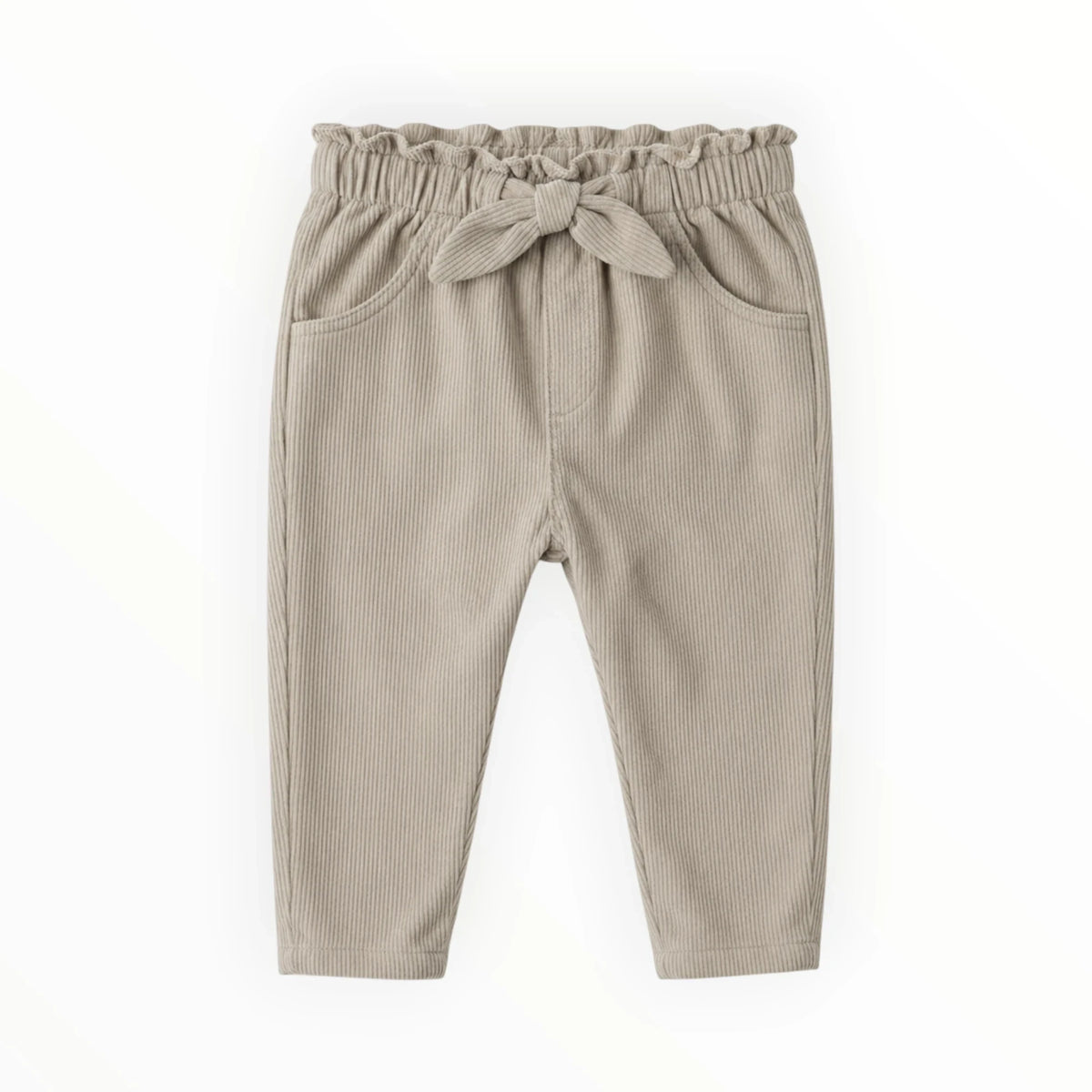Pierrot Outlet beige corduroy broek voor kinderen met elastische paperbag-taille, strikdetail en steekzakken.