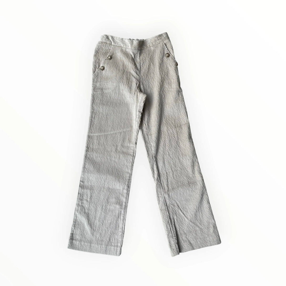 Pierrot Outlet beige corduroy broek met elastische tailleband en decoratieve knopen bij de zakken.