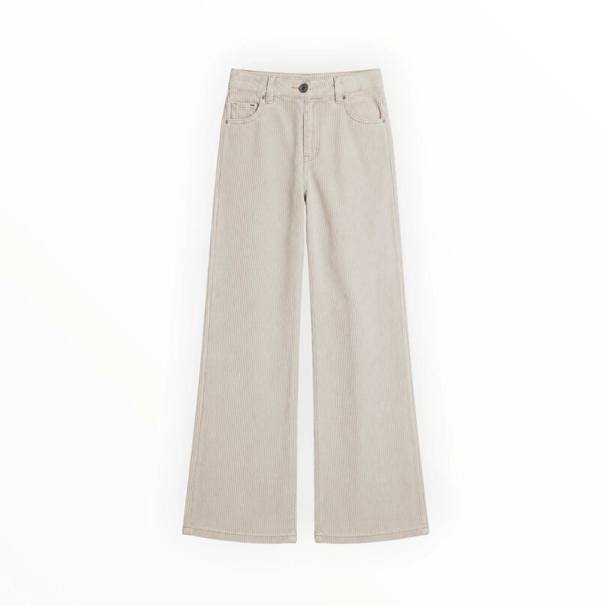Pierrot Outlet beige corduroy broek met wijde pijpen en een klassieke knoopsluiting voor een stijlvolle look.