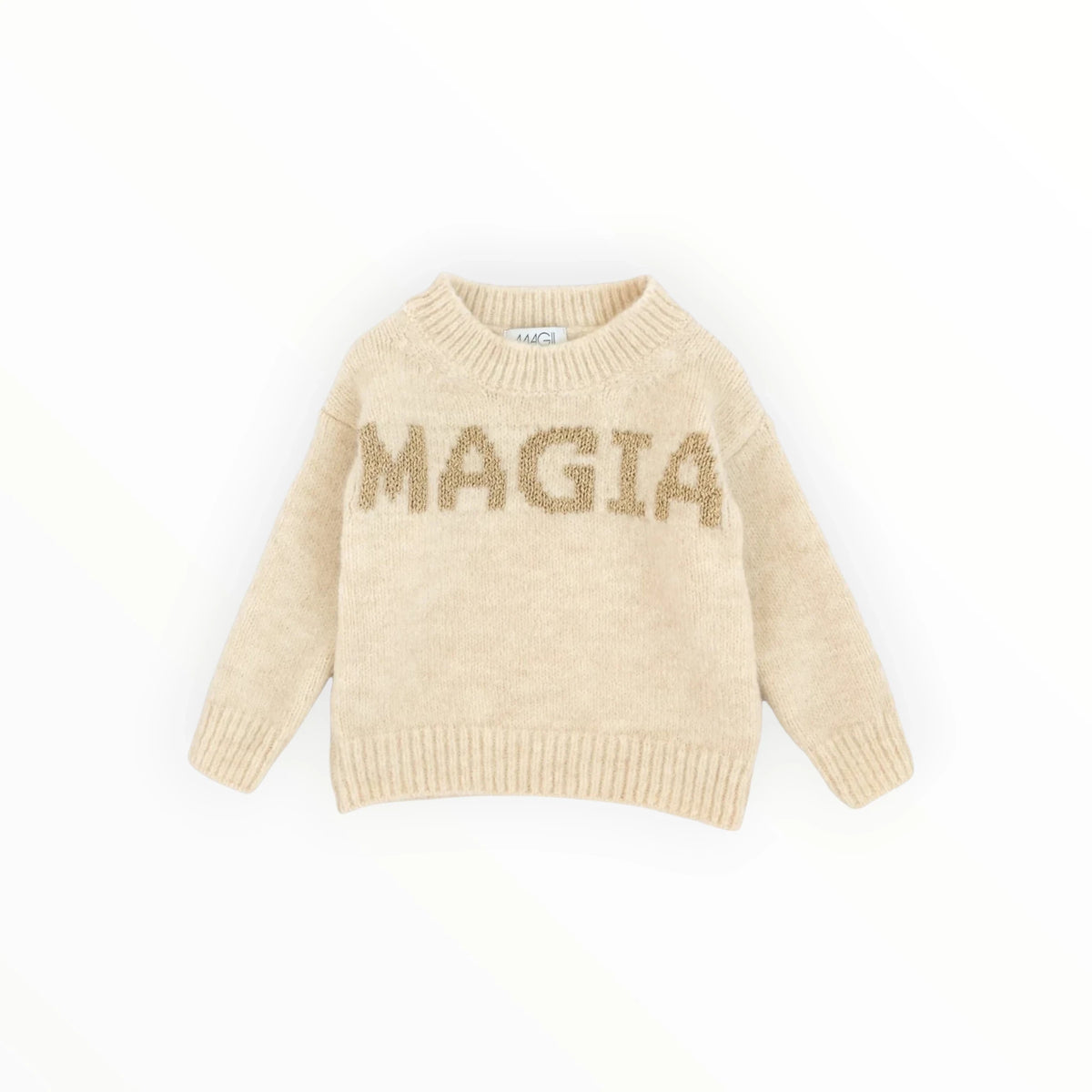 Beige Pierrot Outlet gebreide kindertrui met gouden MAGIA tekst op de voorzijde en ronde halslijn.