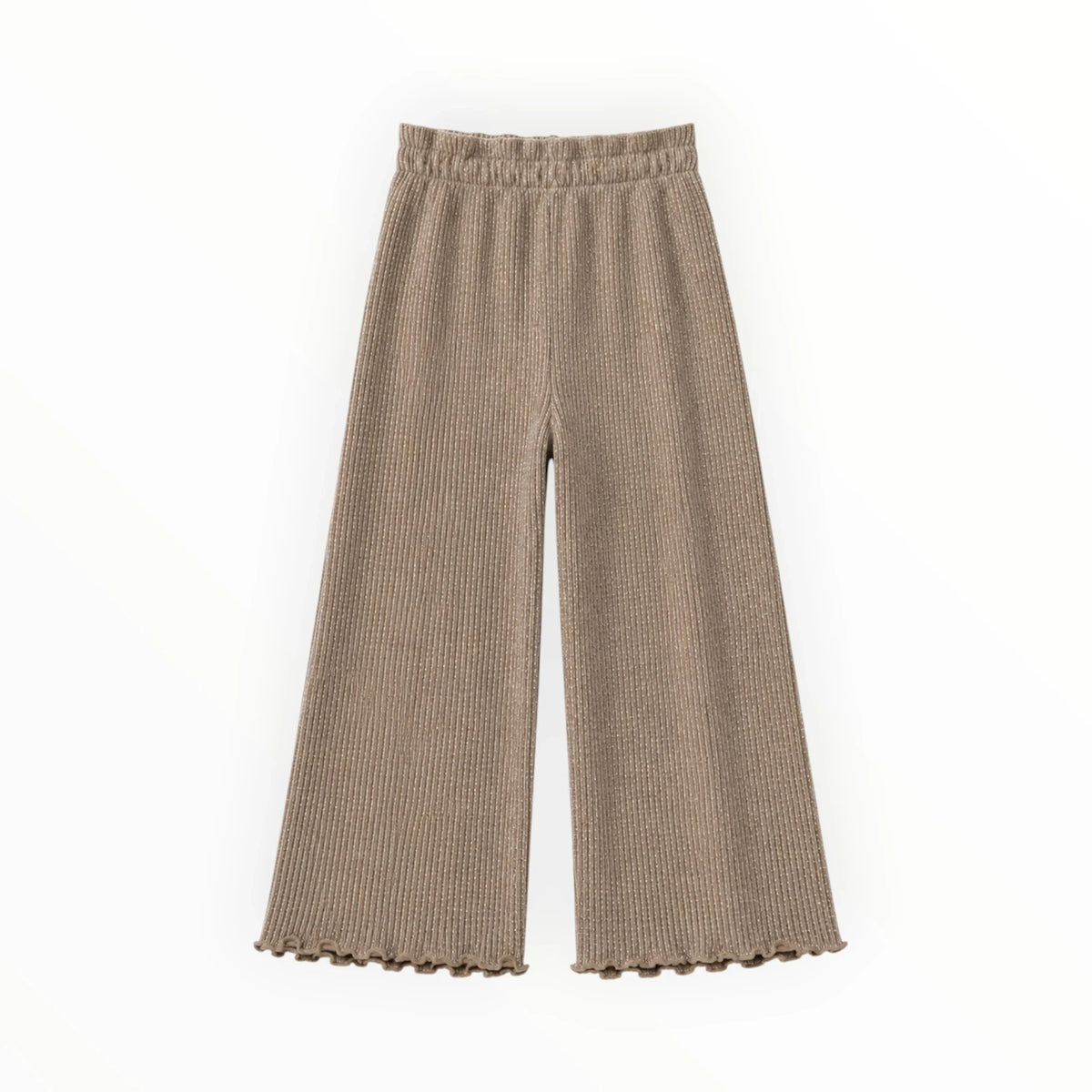 Pierrot Outlet beige geribbelde broek met wijde pijpen en een elastische tailleband en golvende zoom.