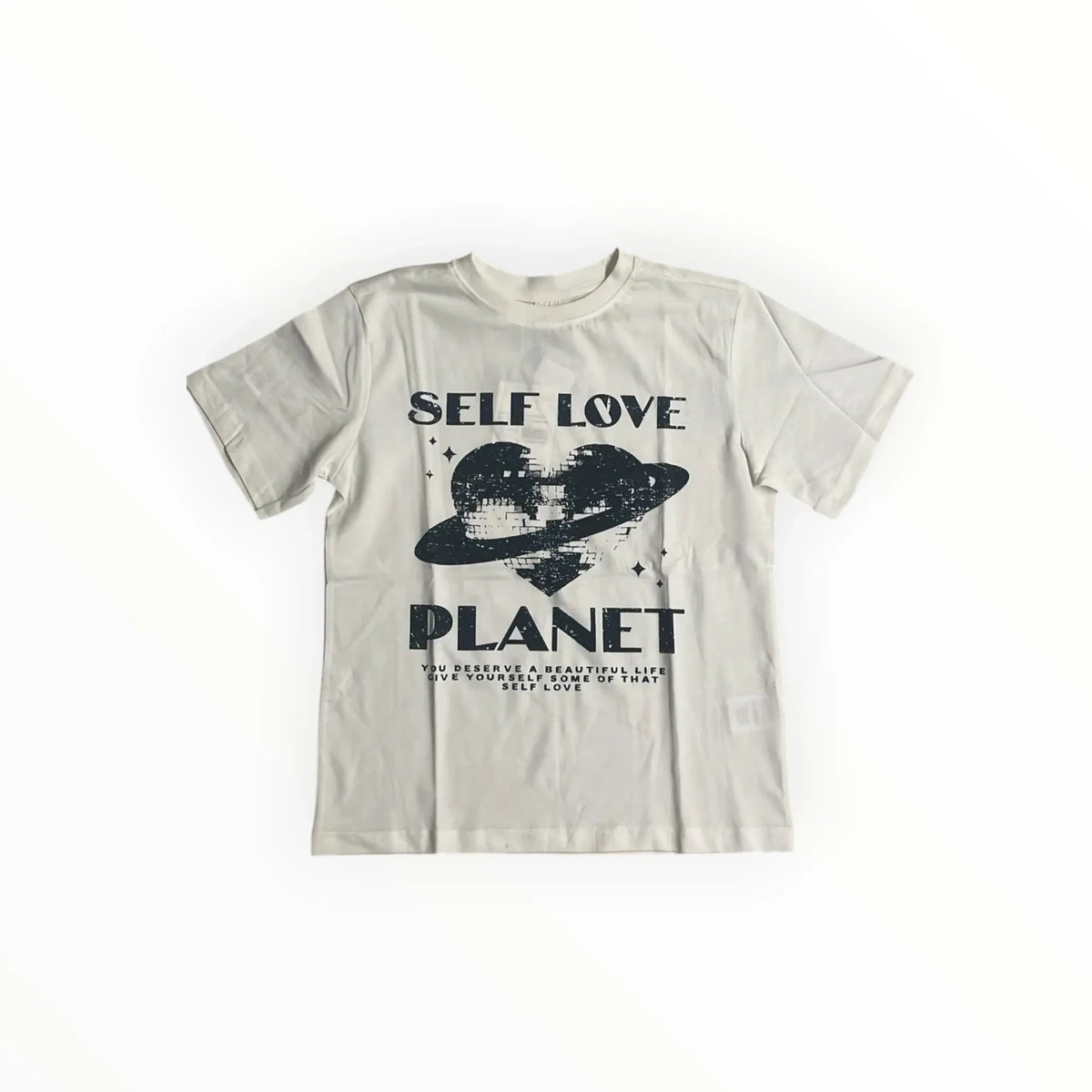 Pierrot Outlet T-shirt in beige met zwarte grafische print van een hartvormige planeet en tekst Self Love Planet