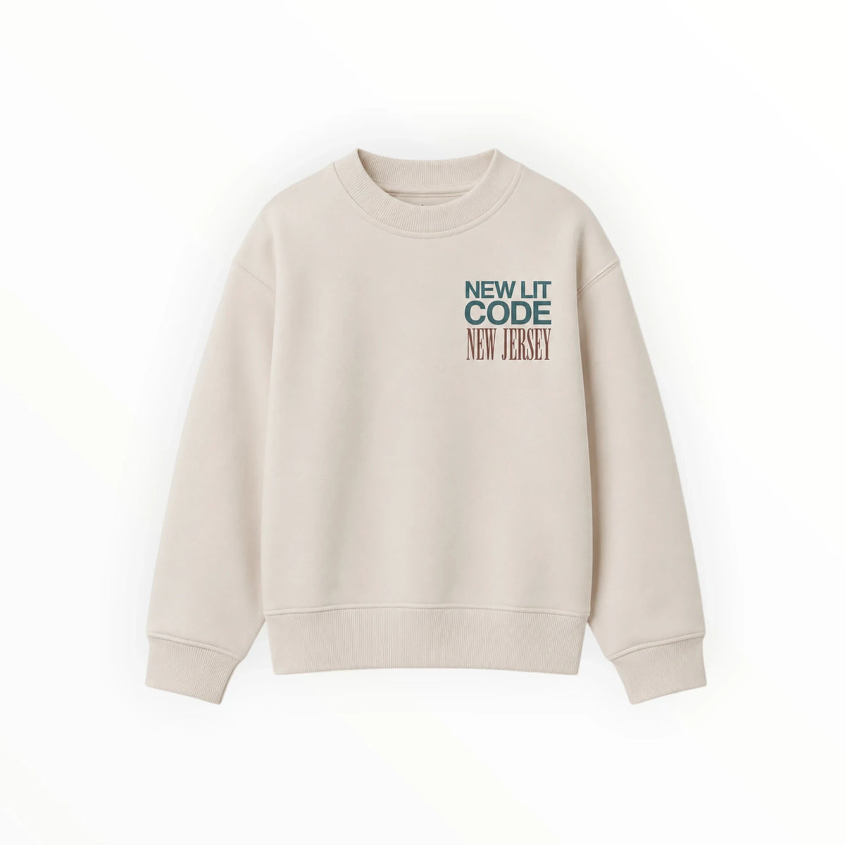 Pierrot Outlet beige sweater met ronde hals en grafische New Jersey tekstprint op de borst van zachte katoenmix