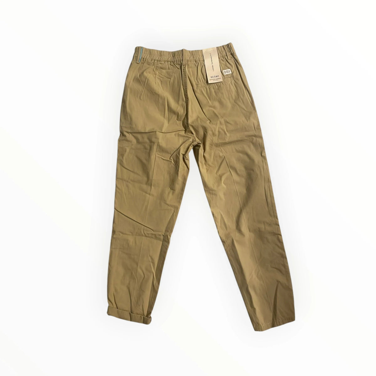 Pierrot Outlet beige katoenen chino broek met elastische tailleband en opgerolde broekspijpen, achterkant