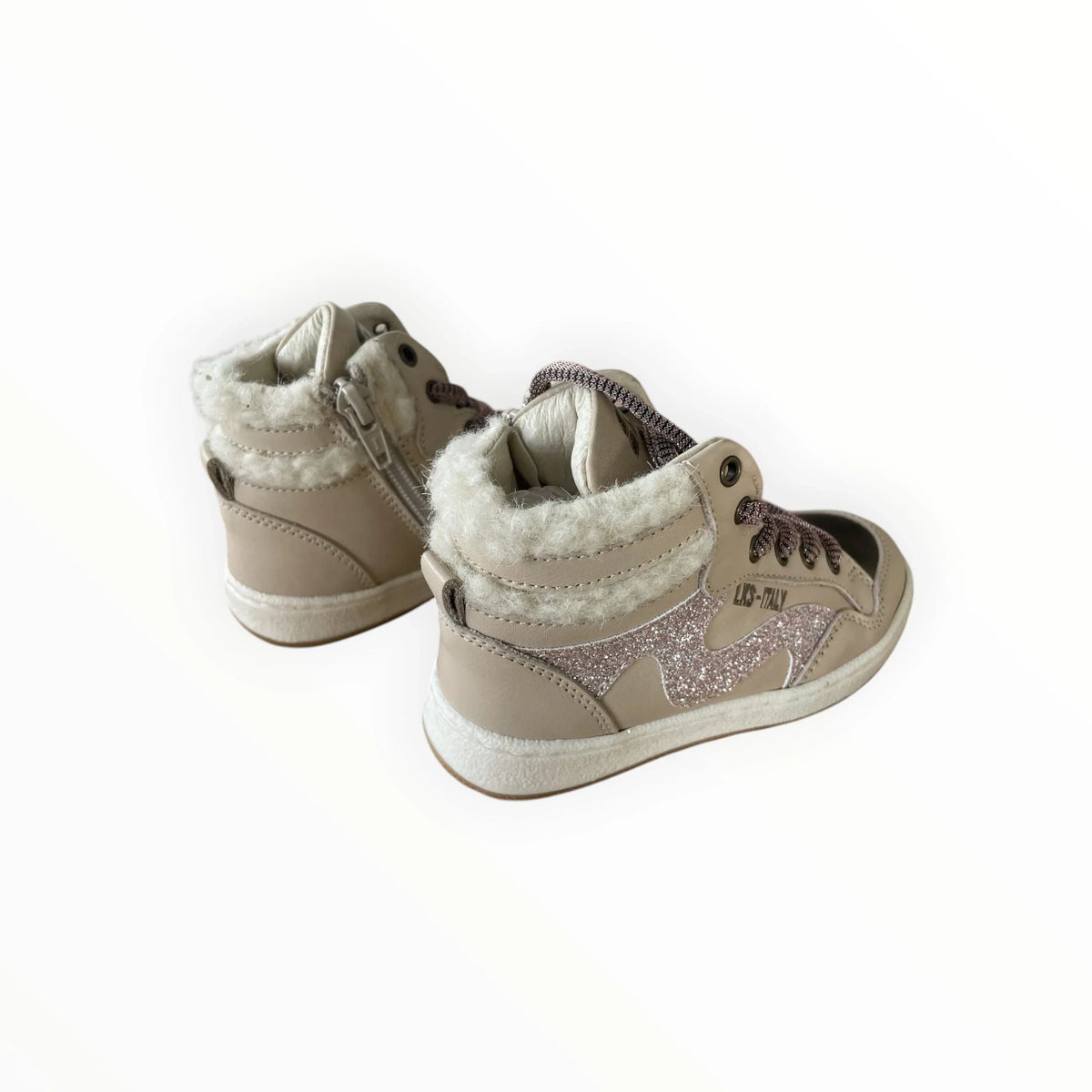 Pierrot Outlet beige Luks-Italy enkellaarsjes voor kinderen met glitterdetails, veters en warme teddyvoering