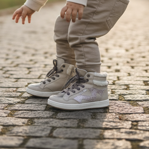 Pierrot Outlet beige enkellaarsjes met glitterdetails en warme voering gedragen door een kind in een park