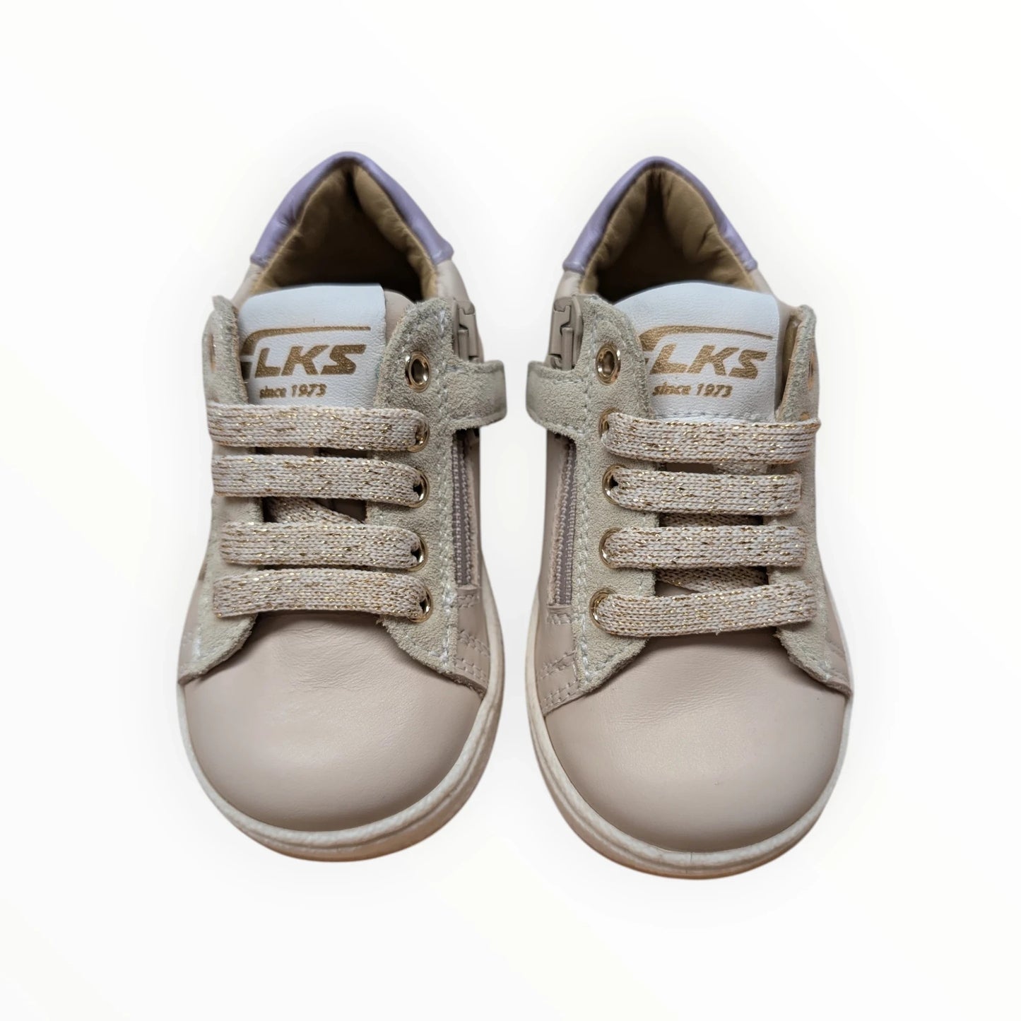 Pierrot Outlet beige kindersneakers van leer en suède met glitter veters en rits