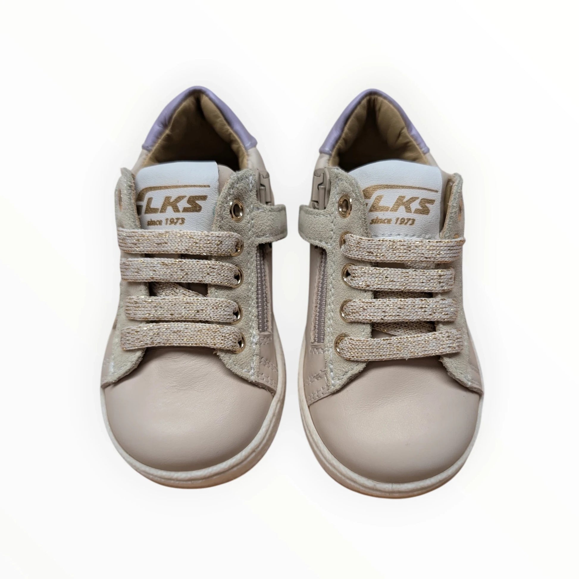 Pierrot Outlet beige kindersneakers van leer en suède met glitter veters en rits