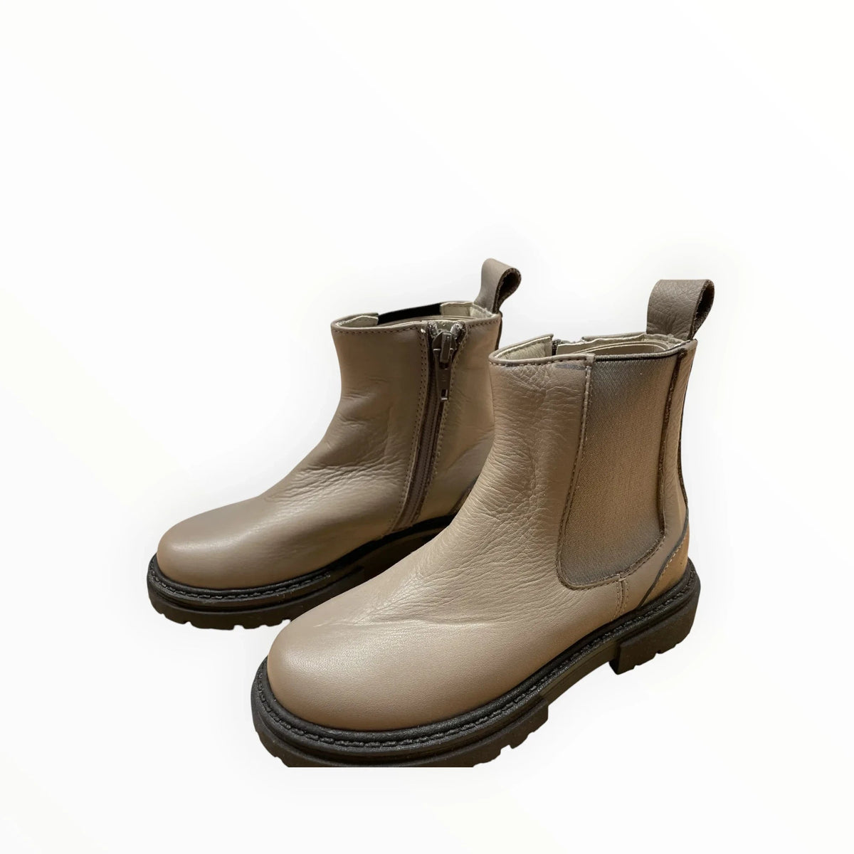Beige Pierrot Outlet leren enkellaarsjes met Chelsea design, ritssluiting en een robuuste zwarte profielzool.