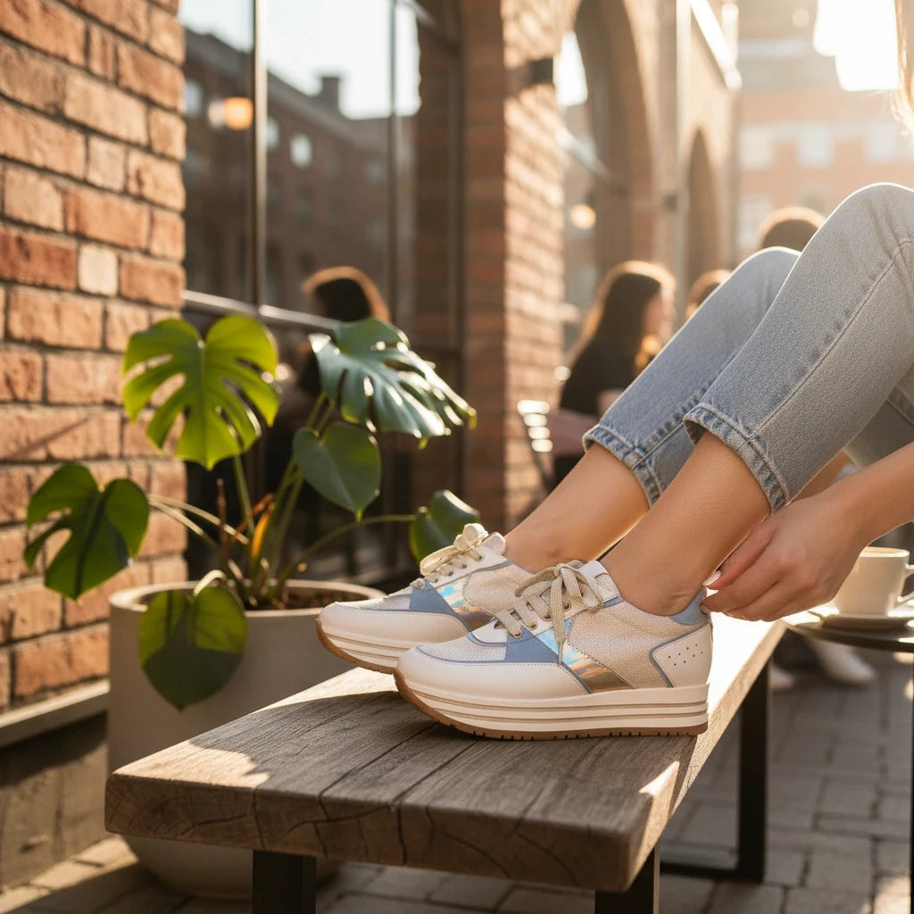 Pierrot Outlet beige sneakers met blauwe en metallic accenten en plateauzool, gedragen door een vrouw op een bankje.