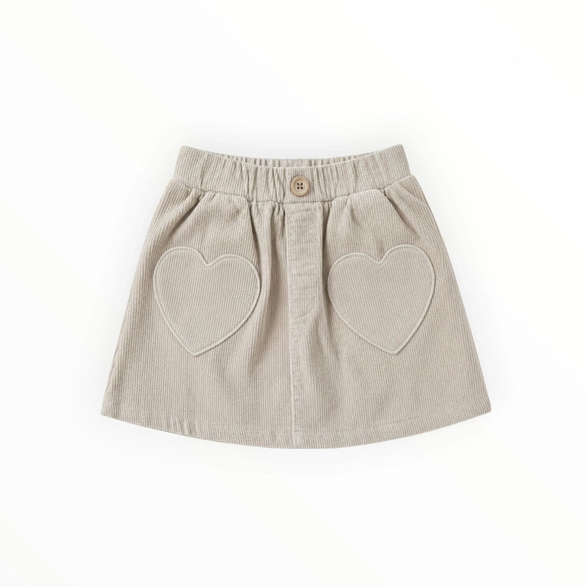 Beige Pierrot Outlet rok van zacht ribfluweel met hartvormige zakken en een elastische tailleband voor kinderen.