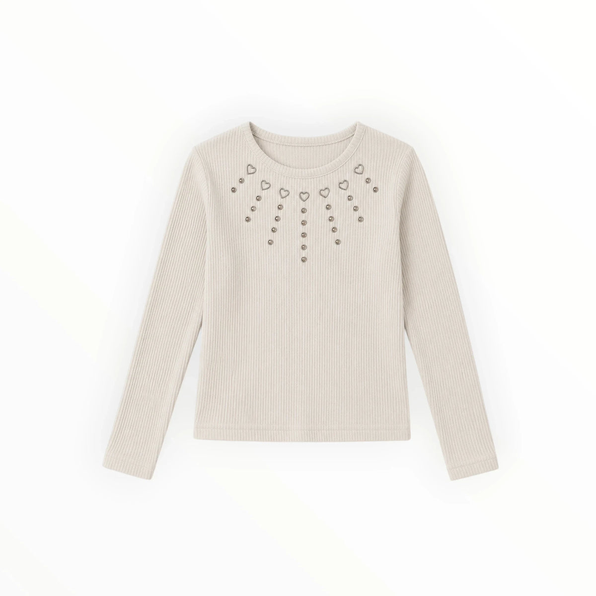 Pierrot Outlet beige ribgebreid shirt met lange mouwen, versierd met hartjes en glinsterende steentjes bij de hals.