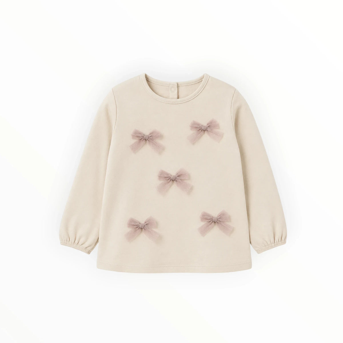 Pierrot Outlet beige shirt met lange mouwen en oudroze tule strikjes voor kinderen