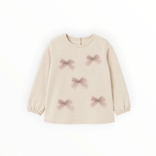 Pierrot Outlet beige shirt met lange mouwen en oudroze tule strikjes voor kinderen