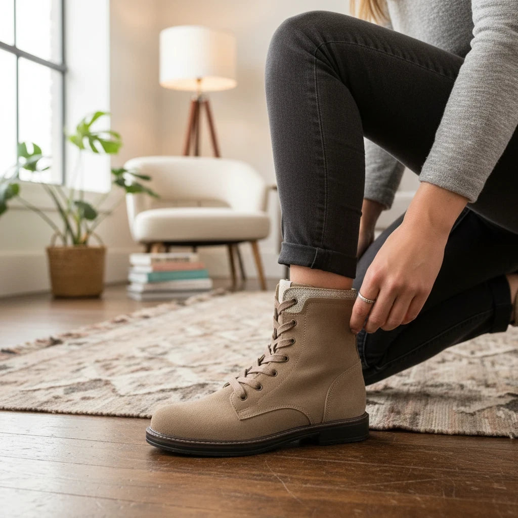 Pierrot Outlet beige suède veterboots met glitterrand en ritssluiting, gedragen in een sfeervol interieur.