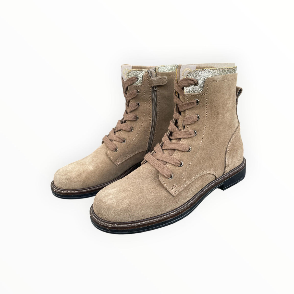 Pierrot Outlet beige suède veterlaarzen voor dames met glitterdetail bij de schacht en praktische ritssluiting.