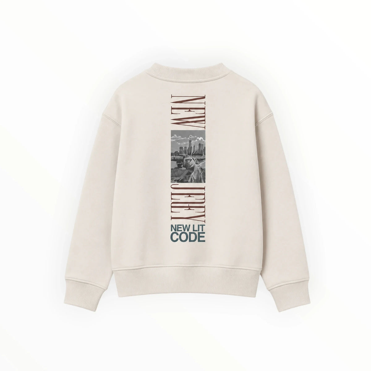 Pierrot Outlet beige sweater met ronde hals en grafische New Jersey print op de rug in een zachte katoenmix