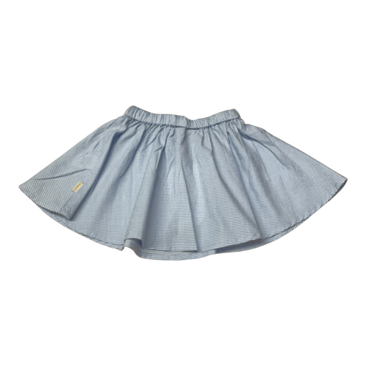 Pierrot Outlet blauw geruit rokje met elastische tailleband, gemaakt van ademende stof.