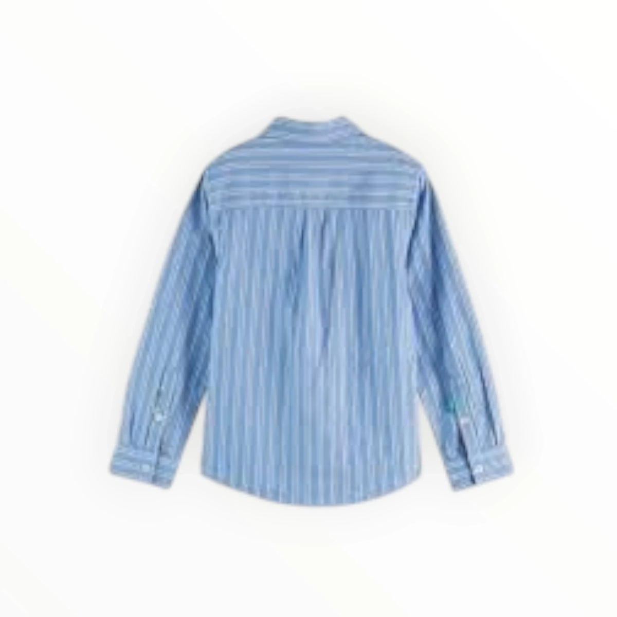 Achterkant van een blauw gestreept katoenen overhemd voor kinderen van Pierrot Outlet met lange mouwen.