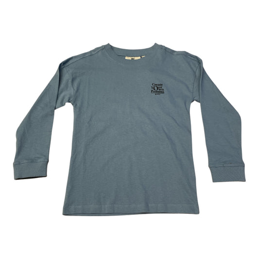 Pierrot Outlet blauw katoenen T-shirt met lange mouwen en tekstprint 'Create YOUR own Possibilities' op de rug.