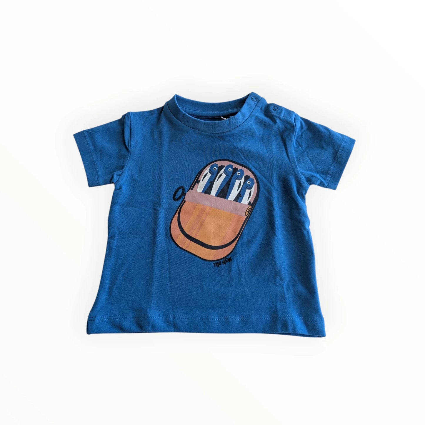 Pierrot Outlet blauw katoenen T-shirt voor baby's met sardientjesprint en drukknoopjes op de schouder
