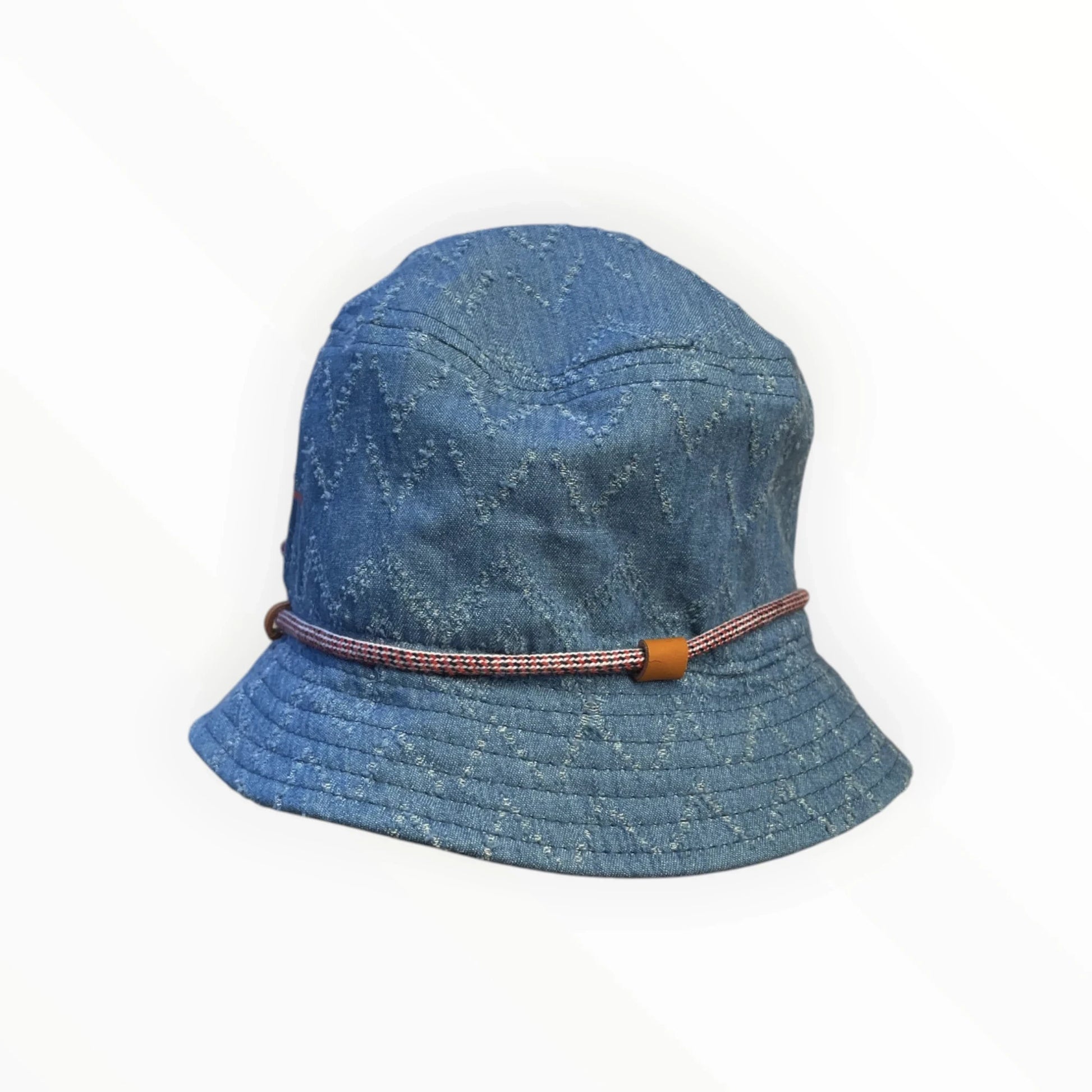 Pierrot Outlet blauwe denim bucket hat met ingeweven patroon, koord en leren detail