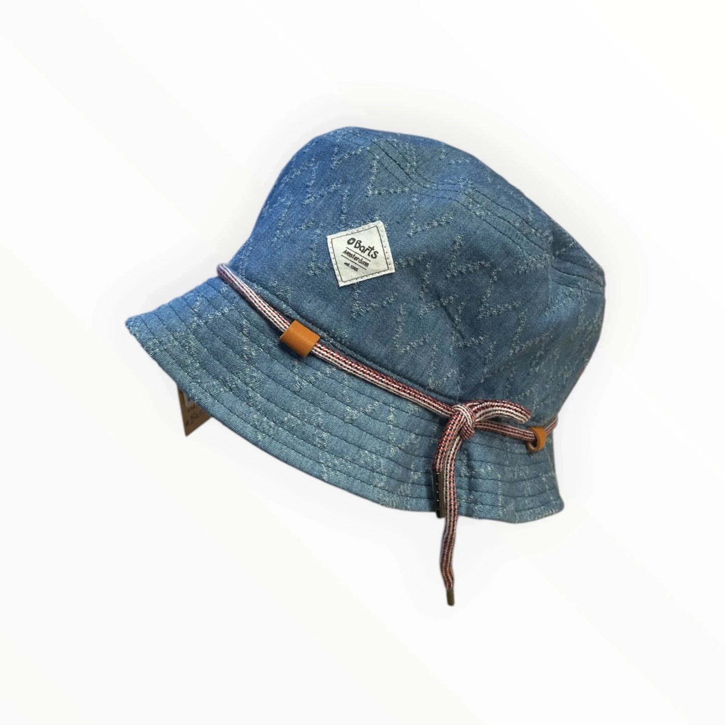 Pierrot Outlet blauwe denim bucket hat met trekkoord en subtiel ingeweven patroon. Gemaakt van katoen.