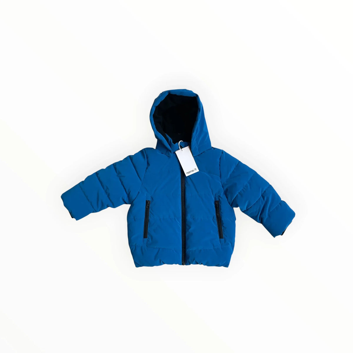 Pierrot Outlet Name It felblauwe gewatteerde winterjas voor kinderen met capuchon en ritssluiting