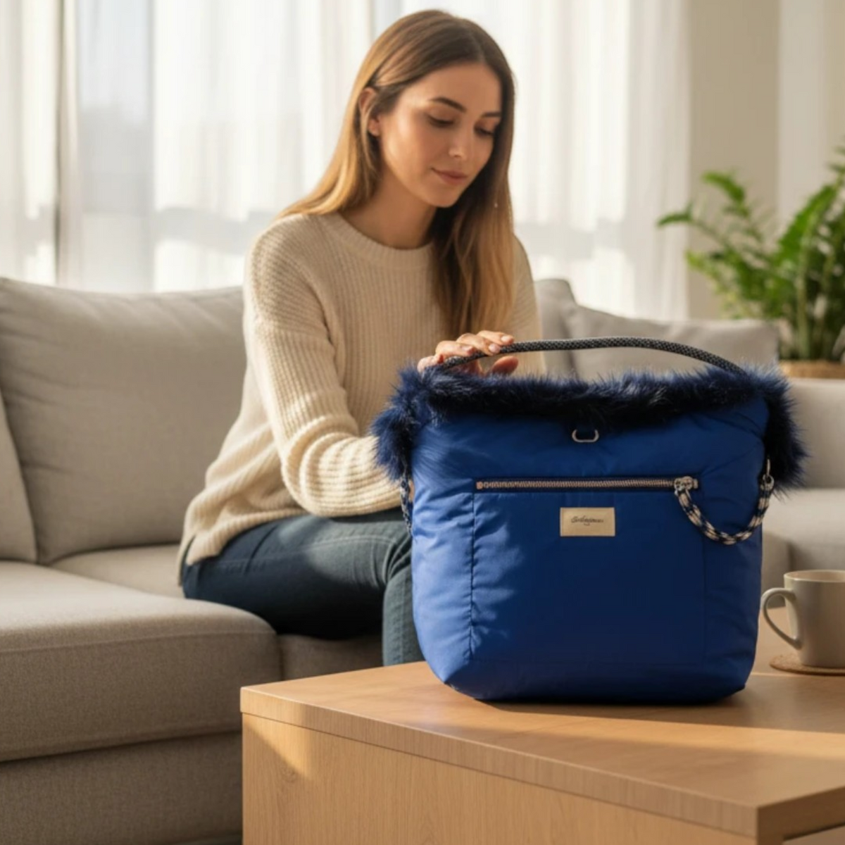 Pierrot Outlet Bellerose blauwe gewatteerde schoudertas met imitatiebont en ritssluiting op een houten tafel
