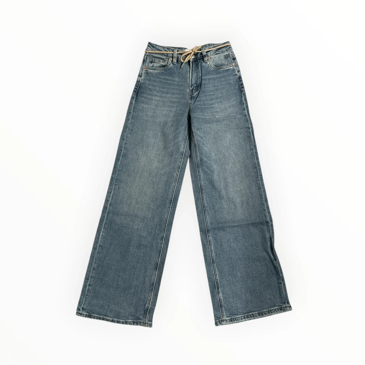 Pierrot Outlet blauwe high-rise jeans met wijde pijpen en een subtiel koordje in de taille van stevig denim.