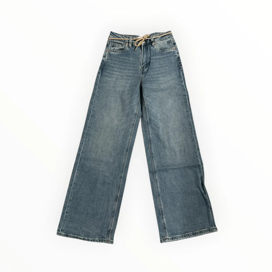 Pierrot Outlet blauwe high-rise jeans met wijde pijpen en een subtiel koordje in de taille van stevig denim.