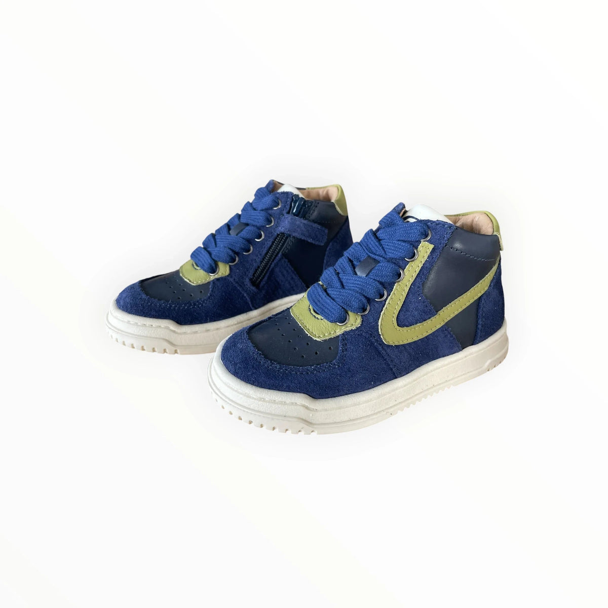 Pierrot Outlet hoge sneakers voor kinderen in blauw suède en leer met olijfgroene accenten en witte rubberen zool