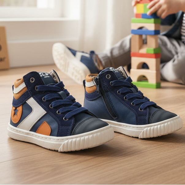 Pierrot Outlet hoge sneakers voor kinderen in blauw, oranje en wit leer met veters en ritssluiting op een houten vloer.