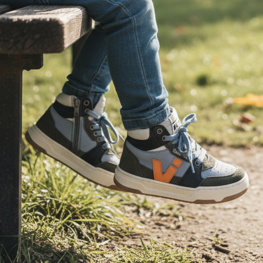 Pierrot Outlet kindersneakers in blauw, groen en oranje van leer en suède met ritssluiting, gedragen in een park.