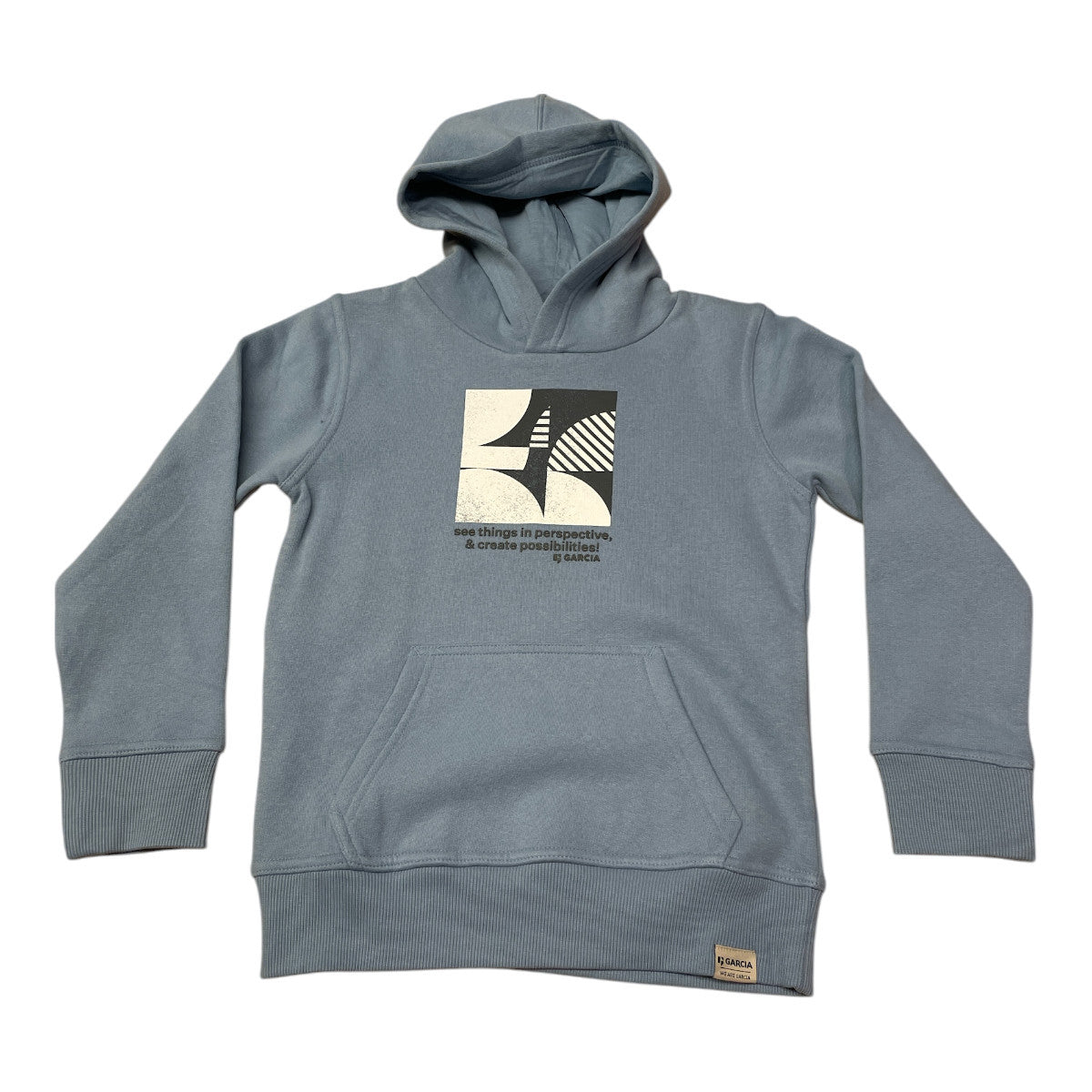 Pierrot Outlet blauwe katoenen hoodie met grafische print op de borst, capuchon en kangoeroezak.