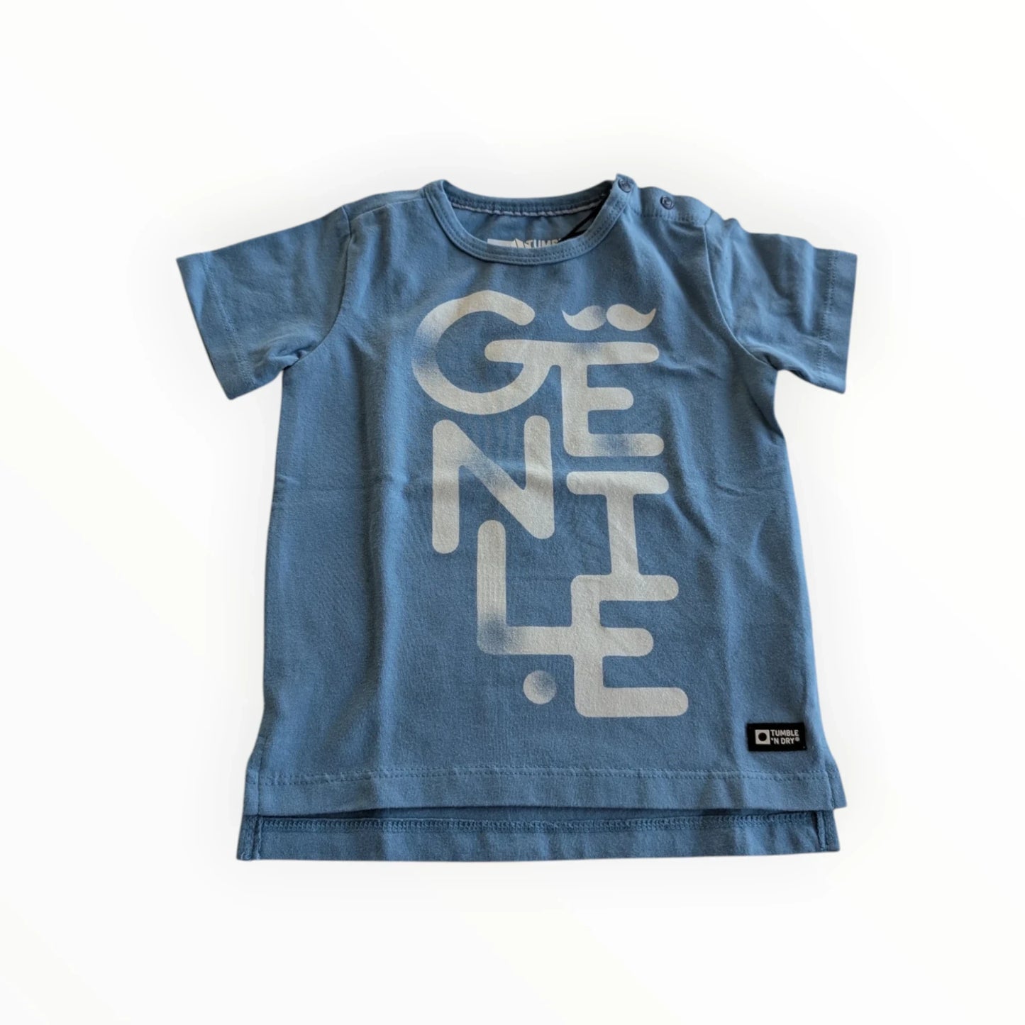 Pierrot Outlet blauw katoenen T-shirt met tekstprint 'GENTLE' en snor-illustratie voor kinderen
