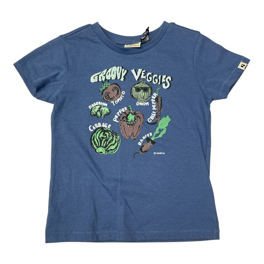 Pierrot Outlet blauw katoenen T-shirt voor kinderen met 'Groovy Veggies' print en diverse groenten.
