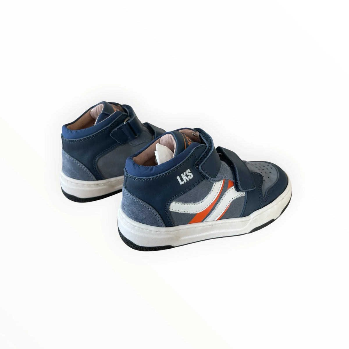 Pierrot Outlet halfhoge kindersneakers in blauw en grijs met oranje accenten en handige klittenbandsluiting