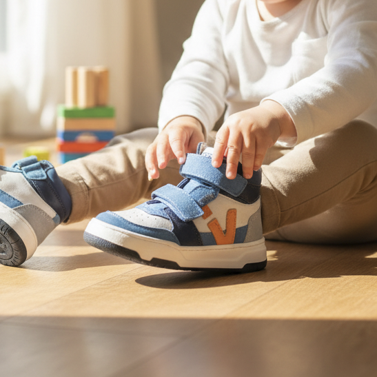 Pierrot Outlet kindersneakers in blauw, wit en grijs met oranje details en klittenband, gedragen door een peuter.