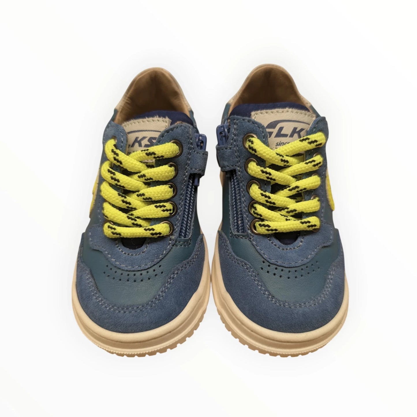 Pierrot Outlet blauwe leren en suède kindersneakers met gele veters en rits