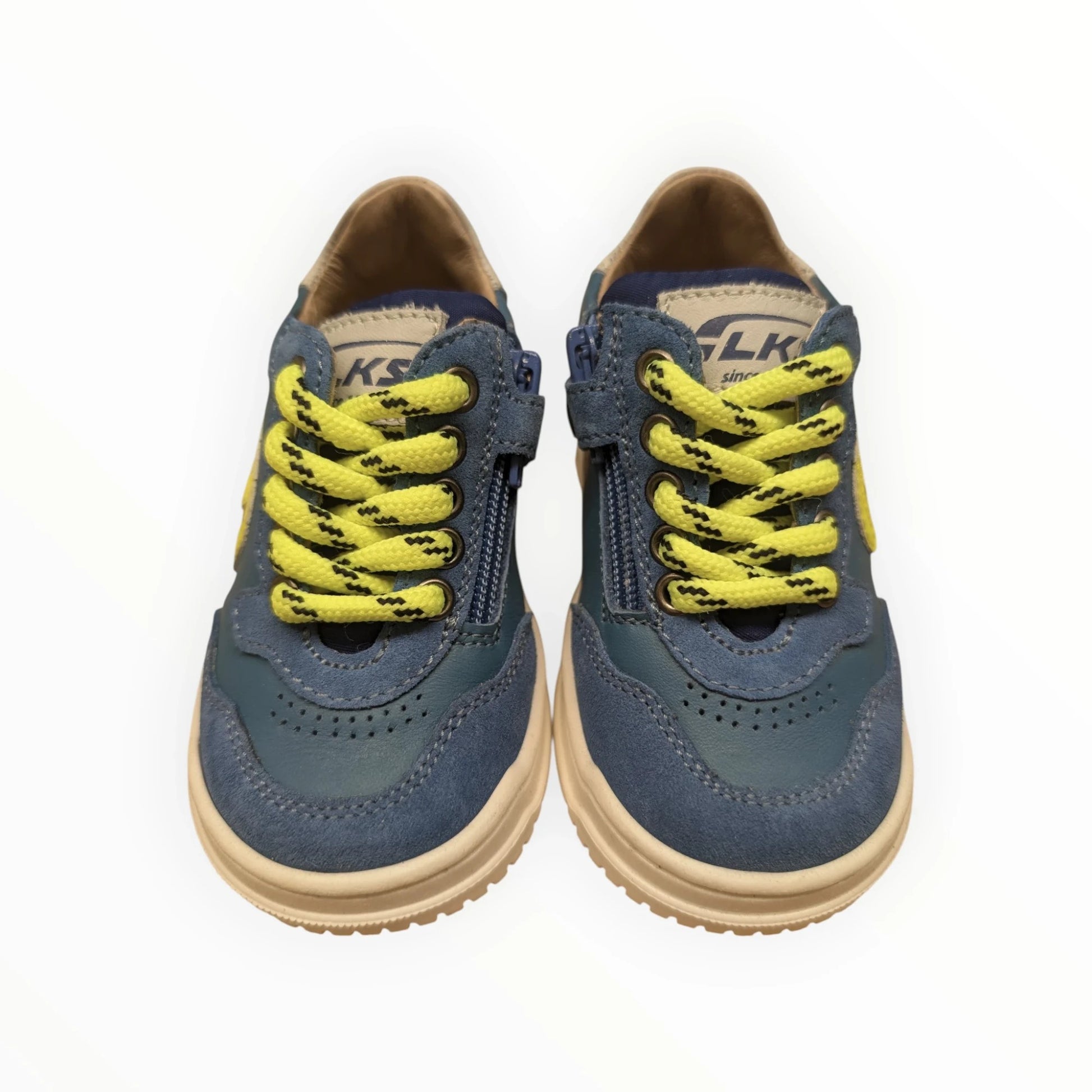 Pierrot Outlet blauwe leren en suède kindersneakers met gele veters en rits