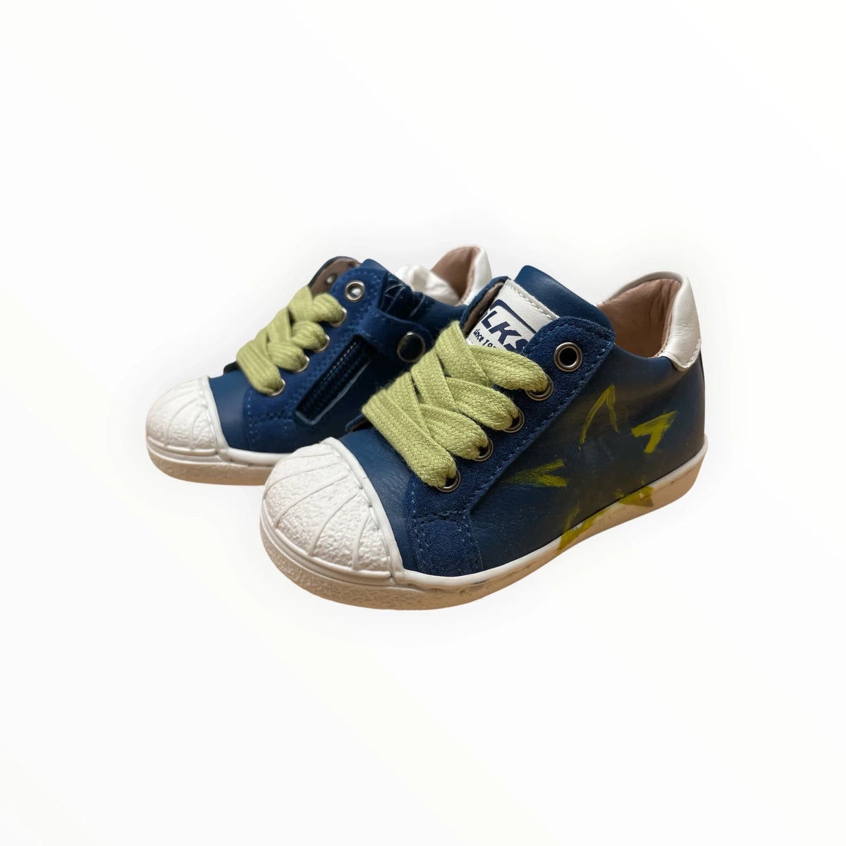 Pierrot Outlet blauwe leren kindersneakers met limoengroene sterren, veters en witte beschermneus