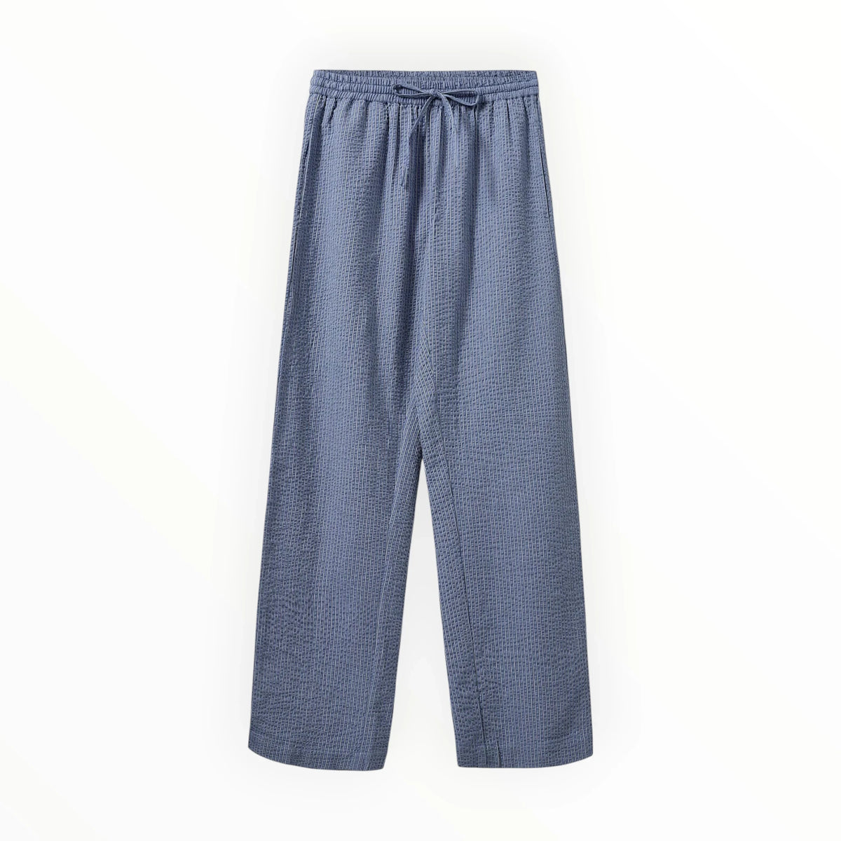 Pierrot Outlet blauwe loungebroek met wijde pijpen, elastische tailleband, trekkoord en subtiele textuur.