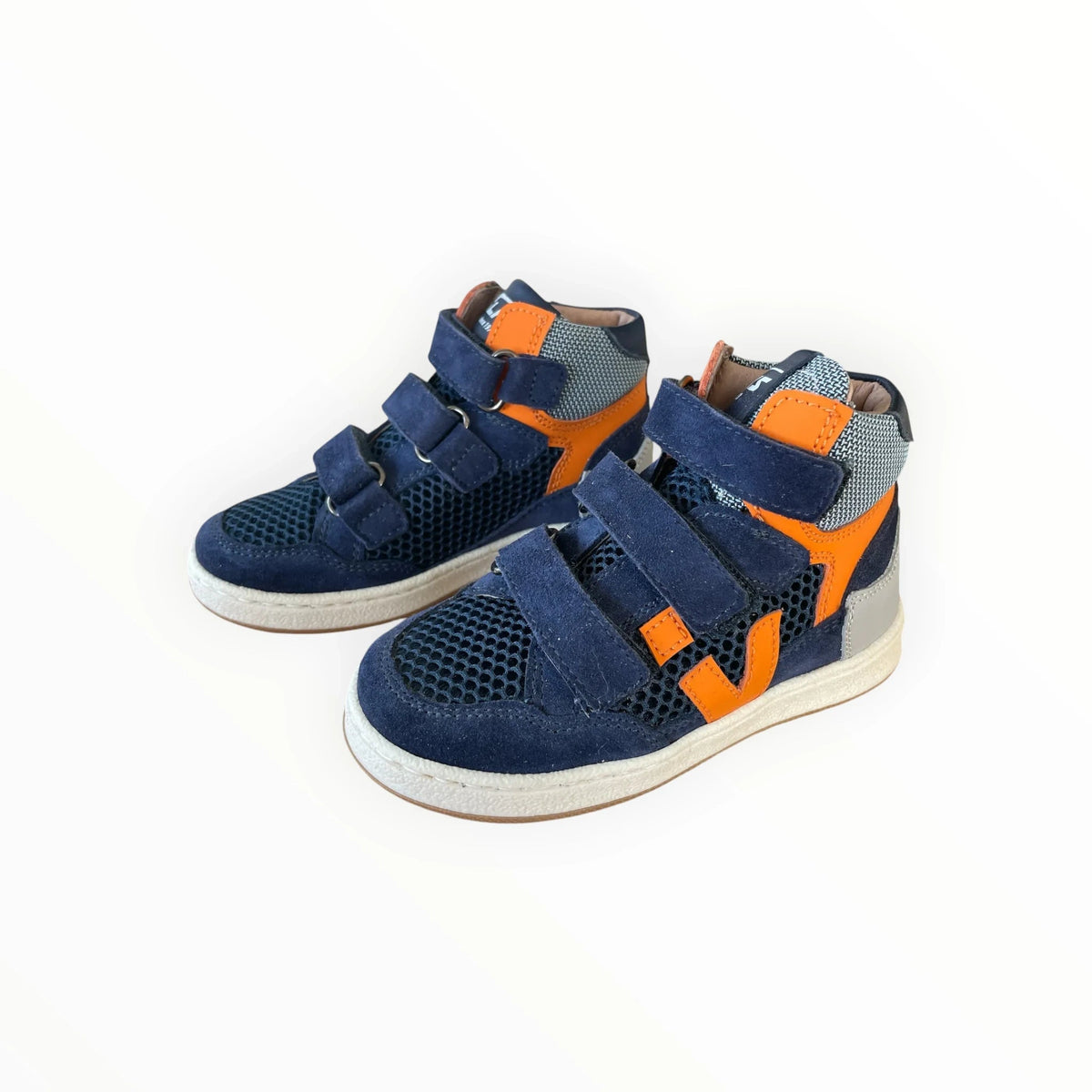 Pierrot Outlet sportieve hoge kindersneakers in blauw en oranje met mesh, suède en handige klittenbandsluiting