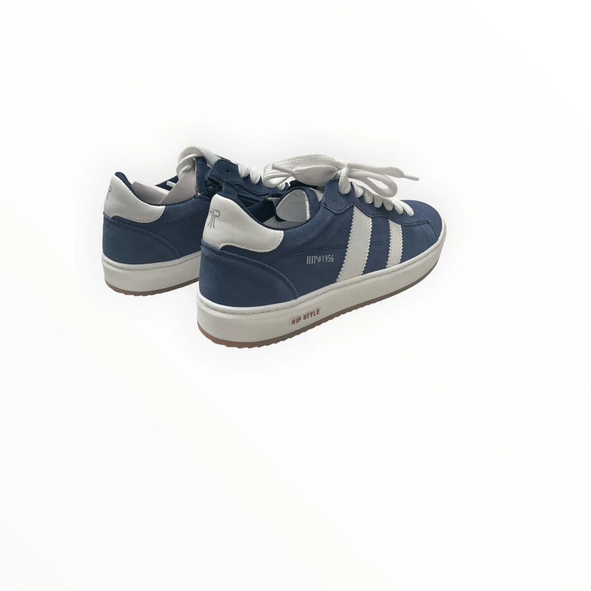 Pierrot Outlet blauwe suède herensneakers met witte veters, ritssluiting en contrasterende details