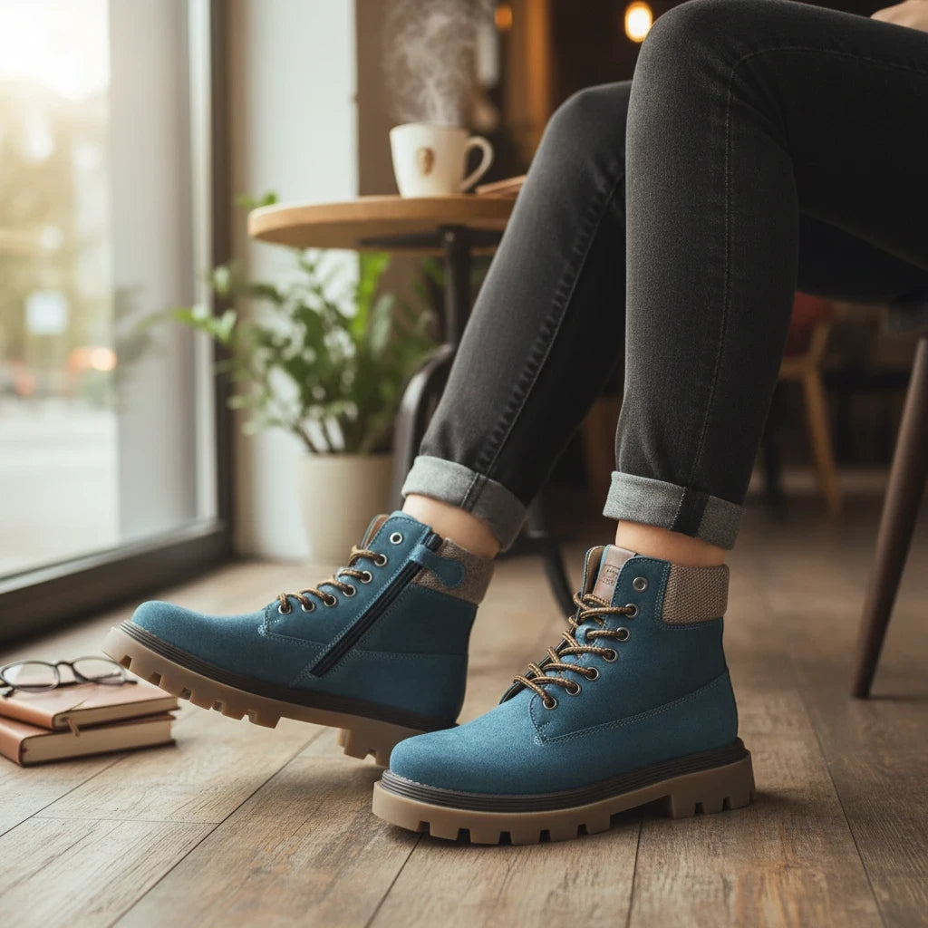 Pierrot Outlet blauwe suède veterboots met grove bruine profielzool en ritssluiting gedragen door een model
