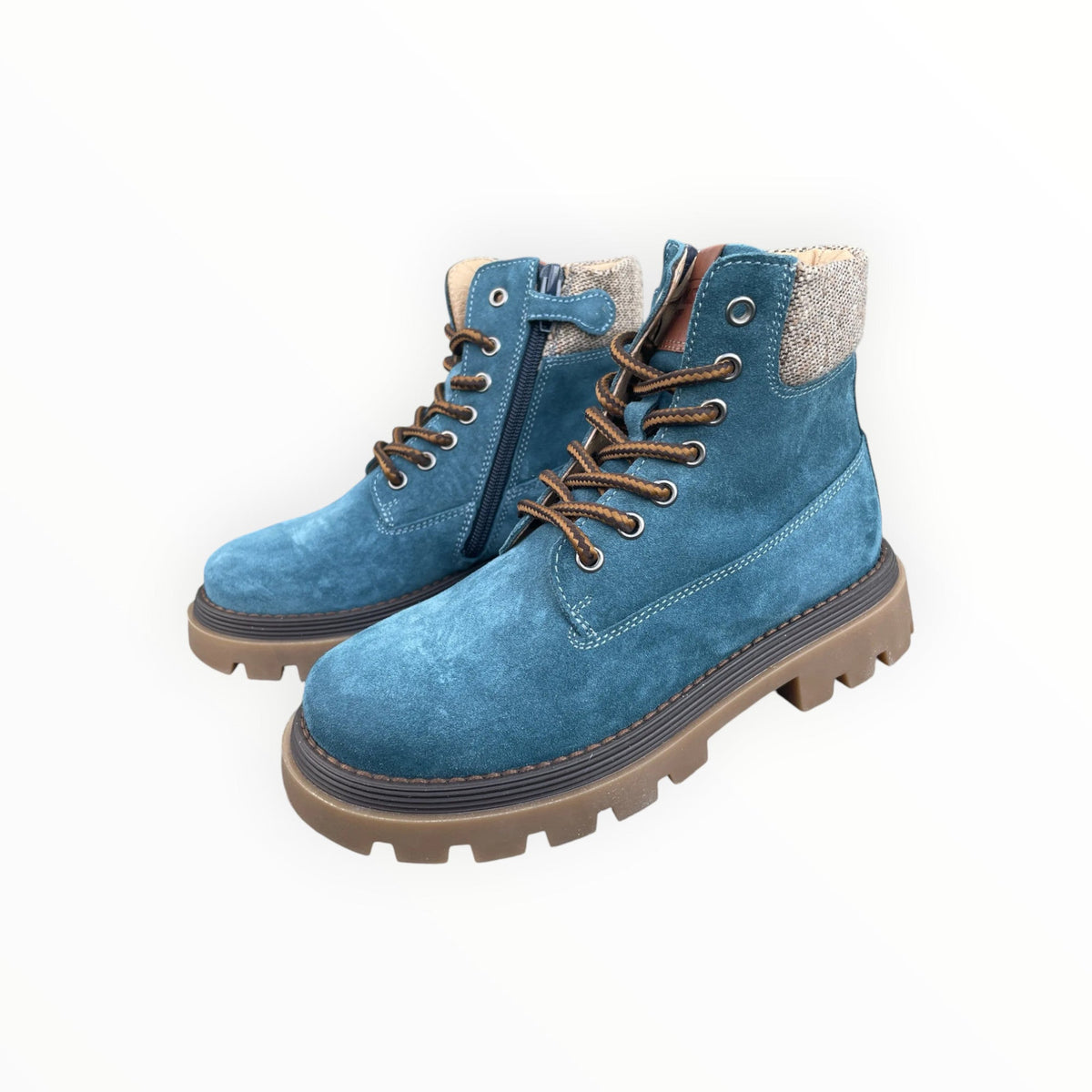 Pierrot Outlet blauwe suède veterboots met grove profielzool en textielkraag voor dames