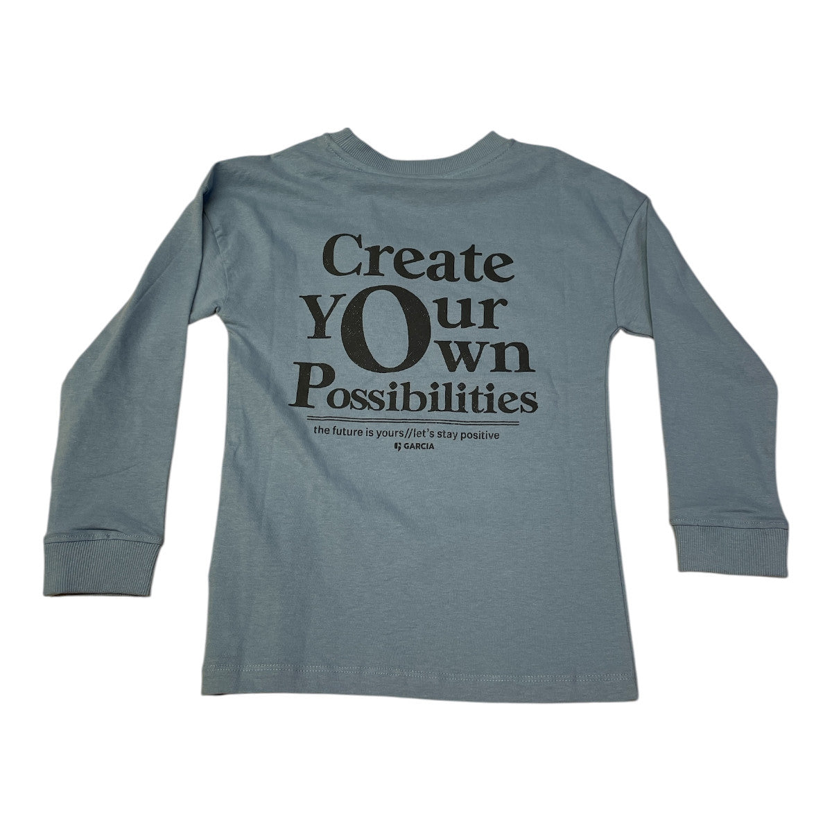 Pierrot Outlet blauw katoenen T-shirt met lange mouwen en tekstprint 'Create YOUR own Possibilities' op de rug.